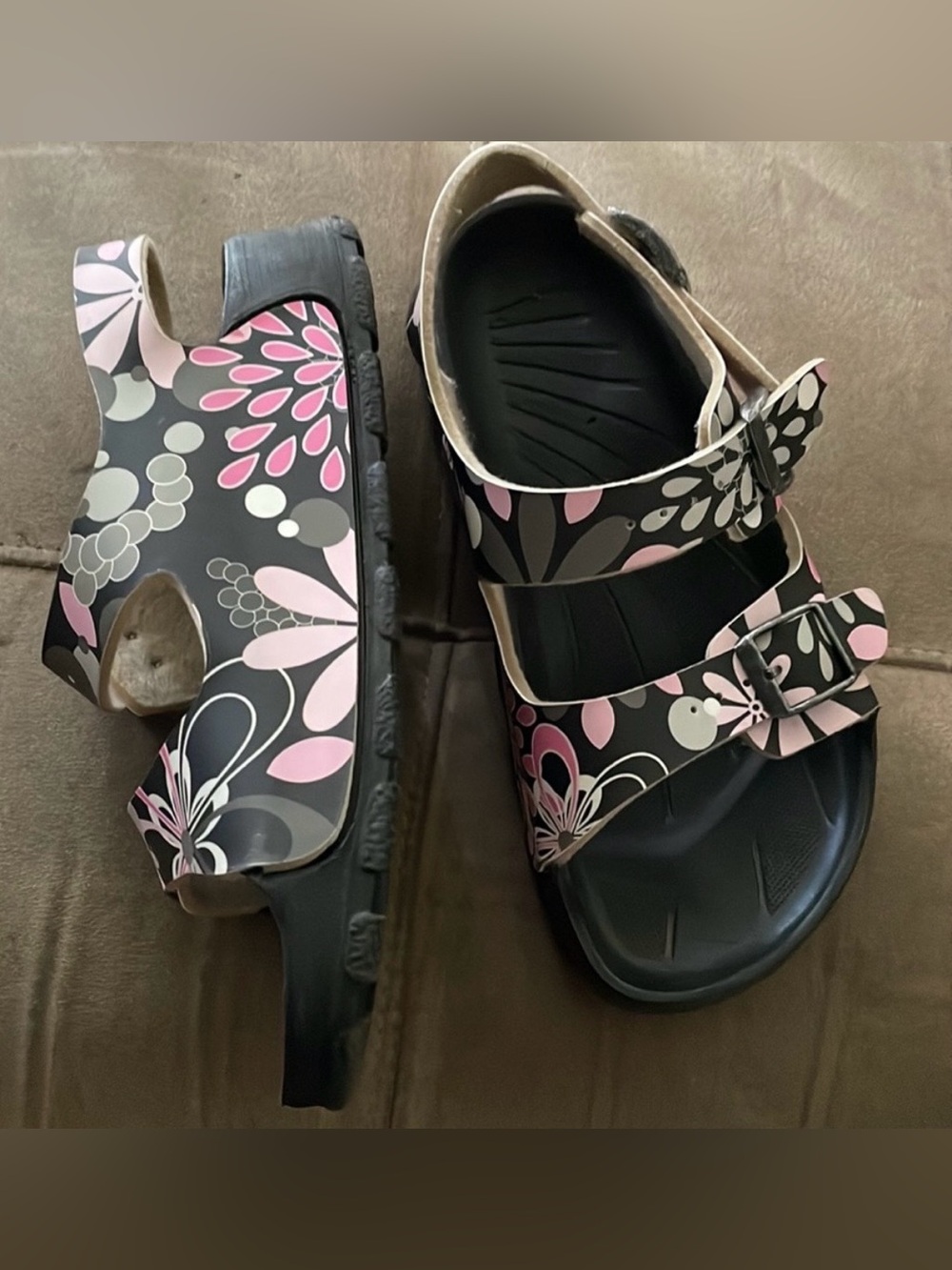 Birki’s Birkenstock Haiti Flower Leather Slip On Slides Sandals-Girls Kids 1Y